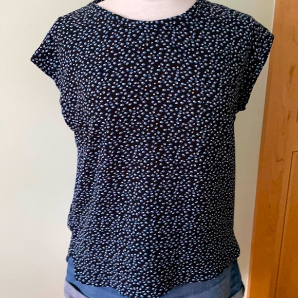 Mango Navy Blue Crew Neck Top With White & Light Blue Specs, Size XS - Picture 7 of 14